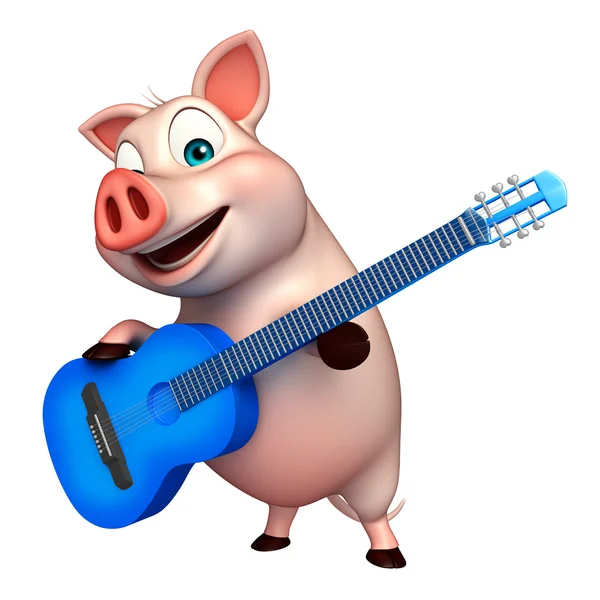 기타와 함께 돼지 만화 캐릭터를 재미 있습니다 — 스톡 사진