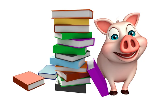 Divertido personaje de dibujos animados de cerdo con libros —  Fotos de Stock