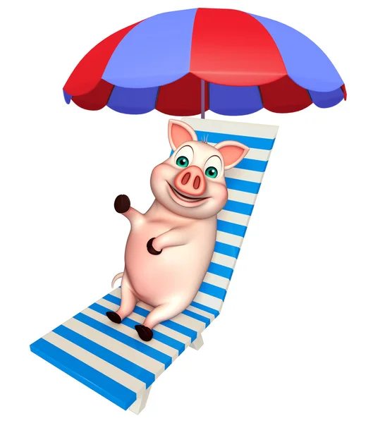 Zabawa świnia postać z kreskówek z leżakiem — Zdjęcie stockowe