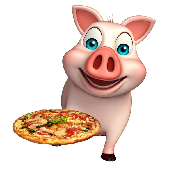 피자와 함께 귀여운 돼지 만화 캐릭터 — 스톡 사진