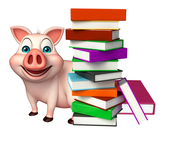 Divertente personaggio dei cartoni animati maiale con libri — Foto Stock