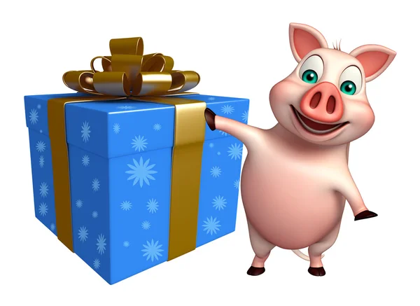 Милий персонаж мультфільму Свиня з подарунковою коробкою — стокове фото