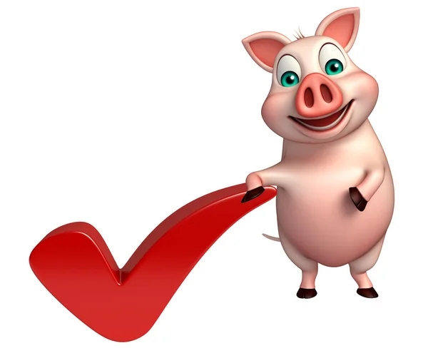 猪的卡通人物与正确的标志 — 图库照片