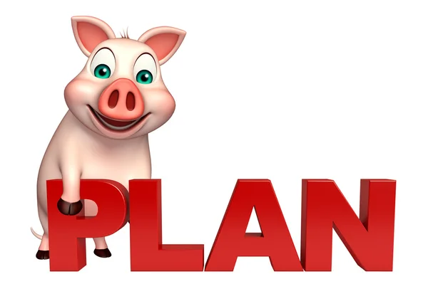 Bonito personagem de desenho animado porco com sinal de plano — Fotografia de Stock