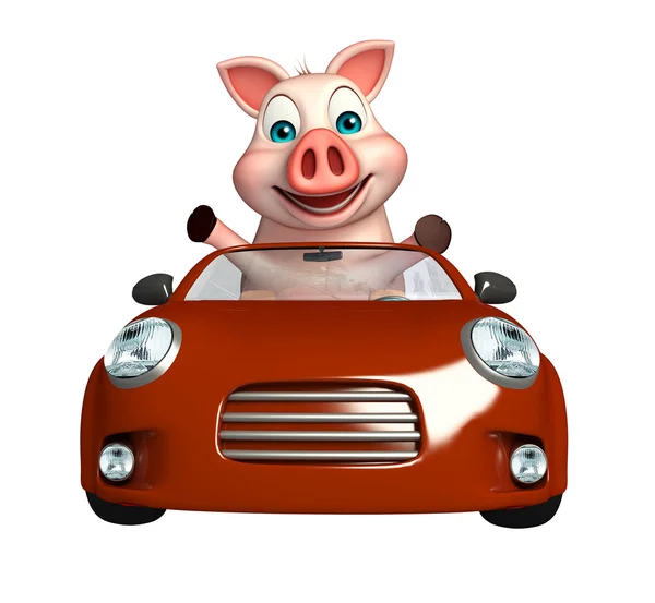 Cute Pig cartoon character with car — Stock Photo, Image