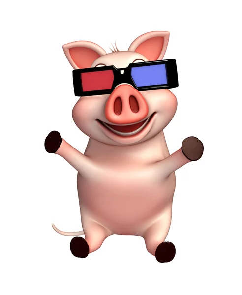 Niedlichen Schwein Cartoon-Figur mit 3D-gogal — Stockfoto