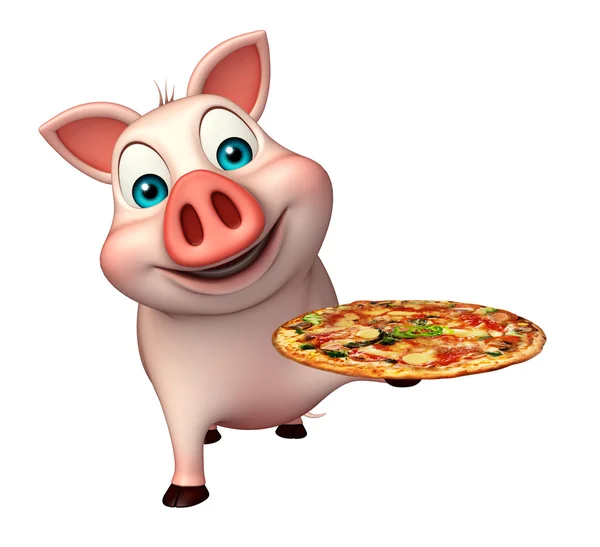 Bonito personagem de desenho animado porco com pizza — Fotografia de Stock