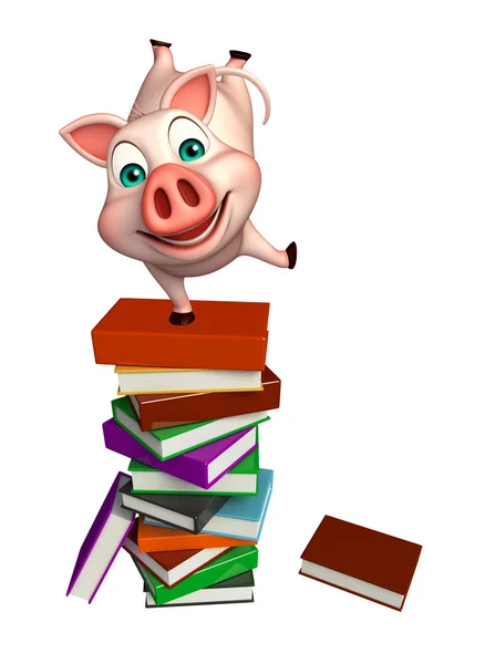 Cochon personnage de dessin animé amusant avec des livres — Photo