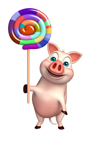 Cute Pig cartoon character  with lollypop — Stock Photo, Image