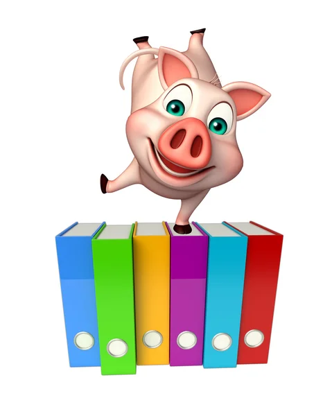 Caráter de desenho animado porco com arquivos — Fotografia de Stock