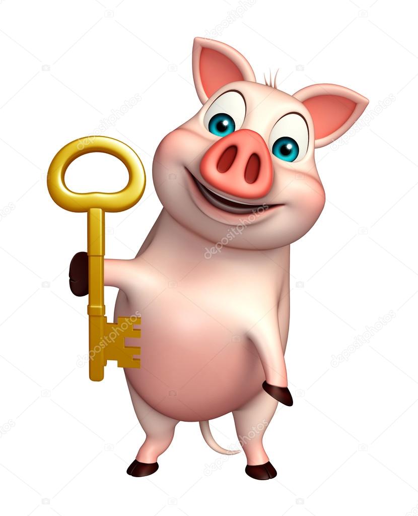 キーを持つかわいい豚漫画のキャラクター ストック写真 C Visible3dscience