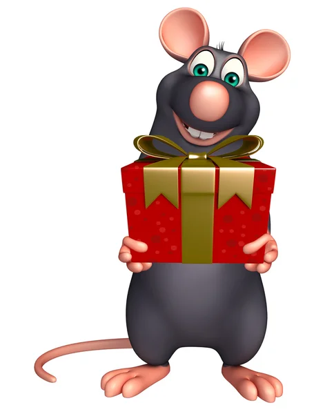 Divertido personaje de dibujos animados rata con caja de regalo —  Fotos de Stock