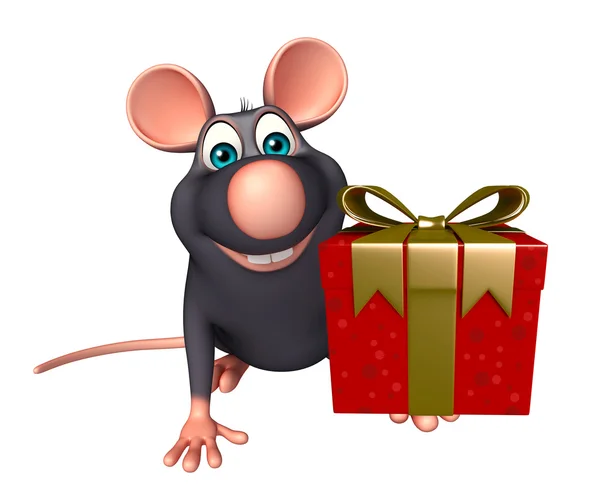 Lindo personaje de dibujos animados rata con caja de regalo — Foto de Stock