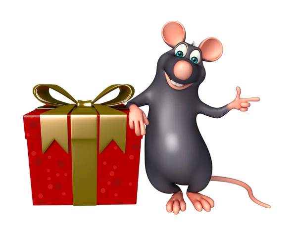 Fun Rat cartoon character with giftbox — Stock Photo, Image