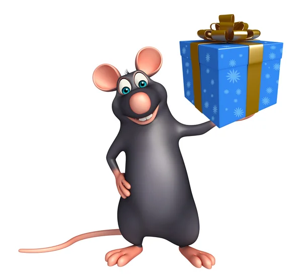 Divertido Rato personagem de desenho animado com caixa de presente — Fotografia de Stock