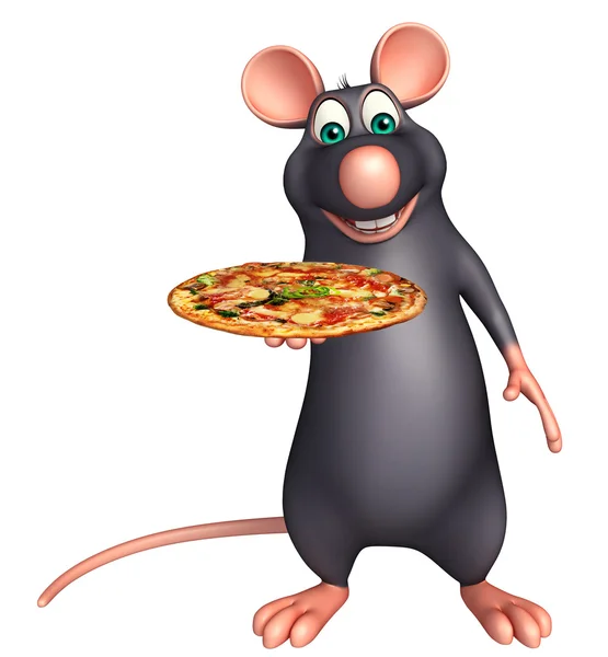 Roztomilá krysa kreslená postava s pizzou — Stock fotografie