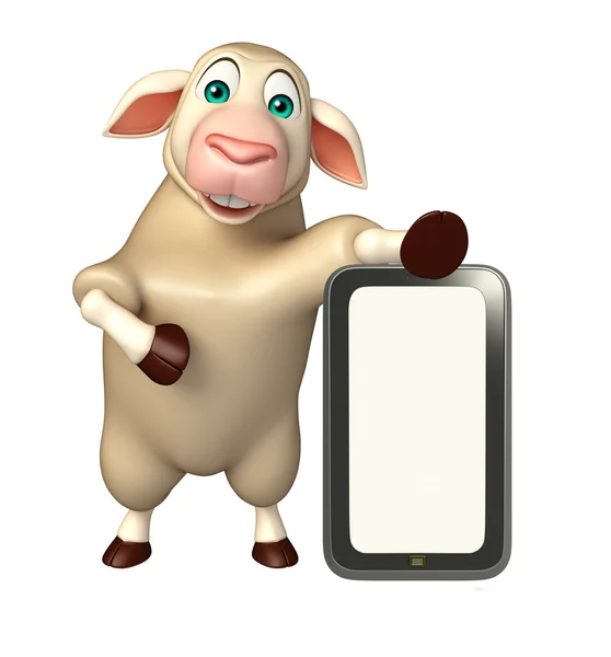 Милый персонаж мультфильма овцы с мобильным телефоном — стоковое фото