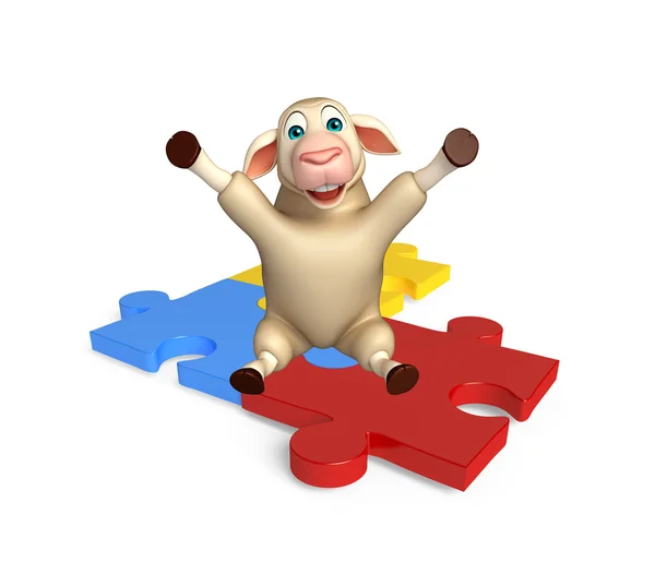 Cute Sheep cartoon character with puzzle — Stock Photo, Image