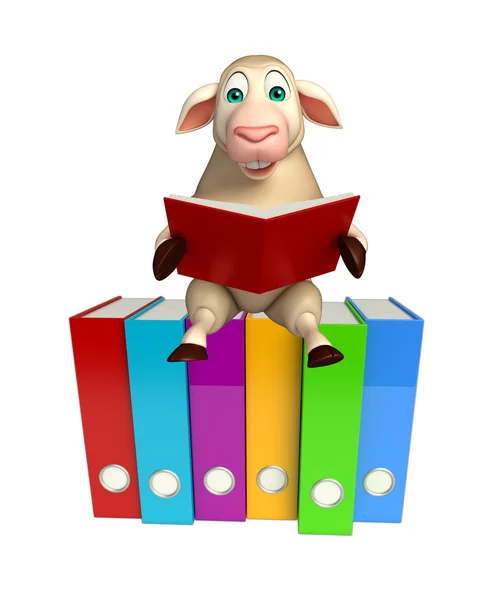 Roztomilý ovce kreslená postava s knihami a soubory — Stock fotografie