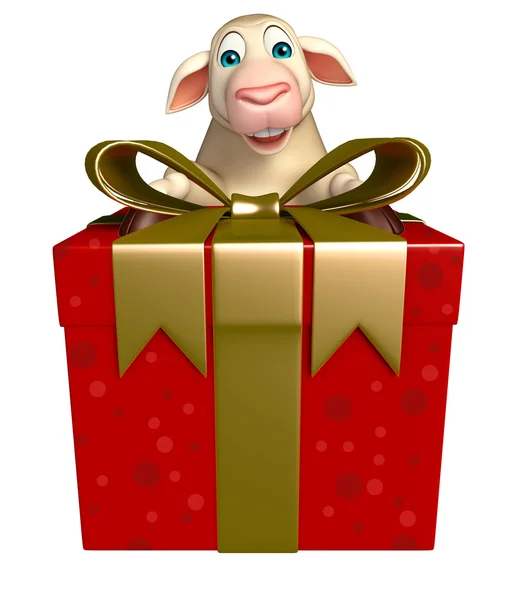 Lindo personaje de dibujos animados de ovejas con caja de regalo —  Fotos de Stock