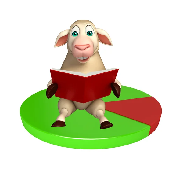 Милый овечий мультяшный персонаж с книгами и знаком круга — стоковое фото