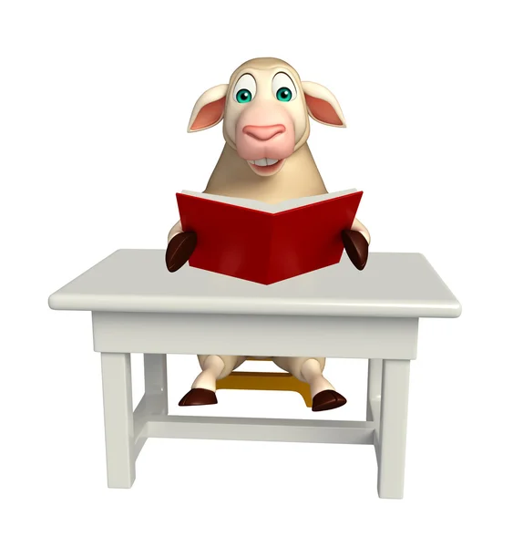 可爱的绵羊卡通人物与书和桌子和椅子 — 图库照片