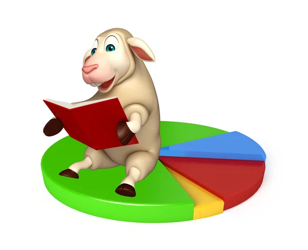 Милый овечий мультяшный персонаж с книгами и знаком круга — стоковое фото