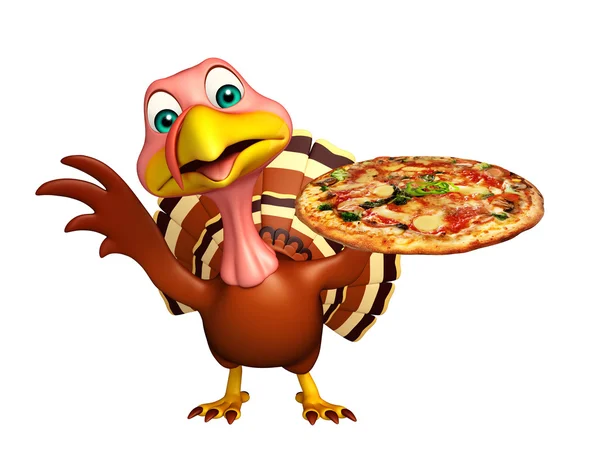 Diversão Turquia personagem de desenho animado com pizza — Fotografia de Stock