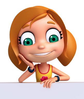 3D render, küçük kızla beyaz tahta