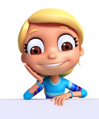 3D render, küçük kızla beyaz tahta