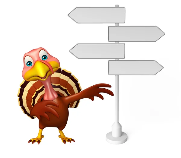 Bonito Turquia personagem de desenho animado com sinal de caminho — Fotografia de Stock