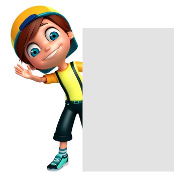 3D render, küçük çocukla beyaz tahta