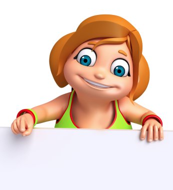 3D render, küçük kızla beyaz tahta