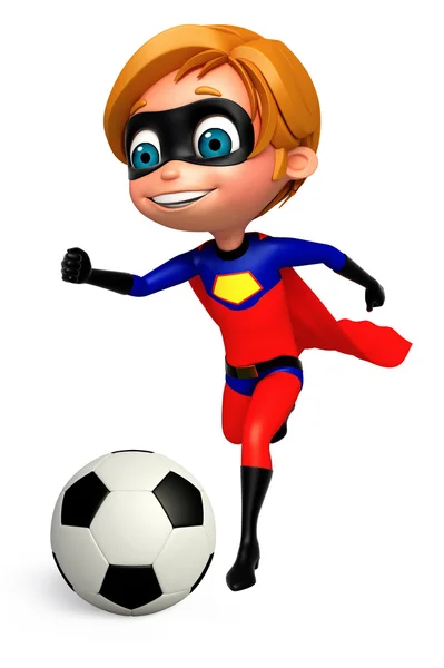 Bonito menino / menina como um superboy com futebol — Fotografia de Stock