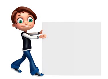 3D render, küçük çocukla beyaz tahta