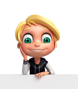 3D render, küçük çocukla beyaz tahta