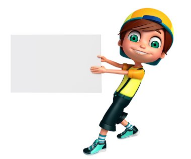 3D render, küçük çocukla beyaz tahta