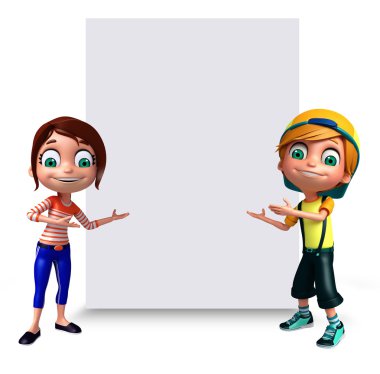 3D render, küçük kız erkek ile beyaz tahta 