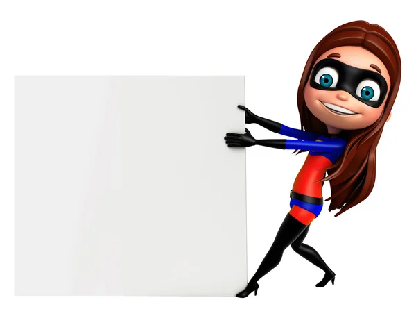 Cute girl as a superhero with white board — Stock Photo, Image