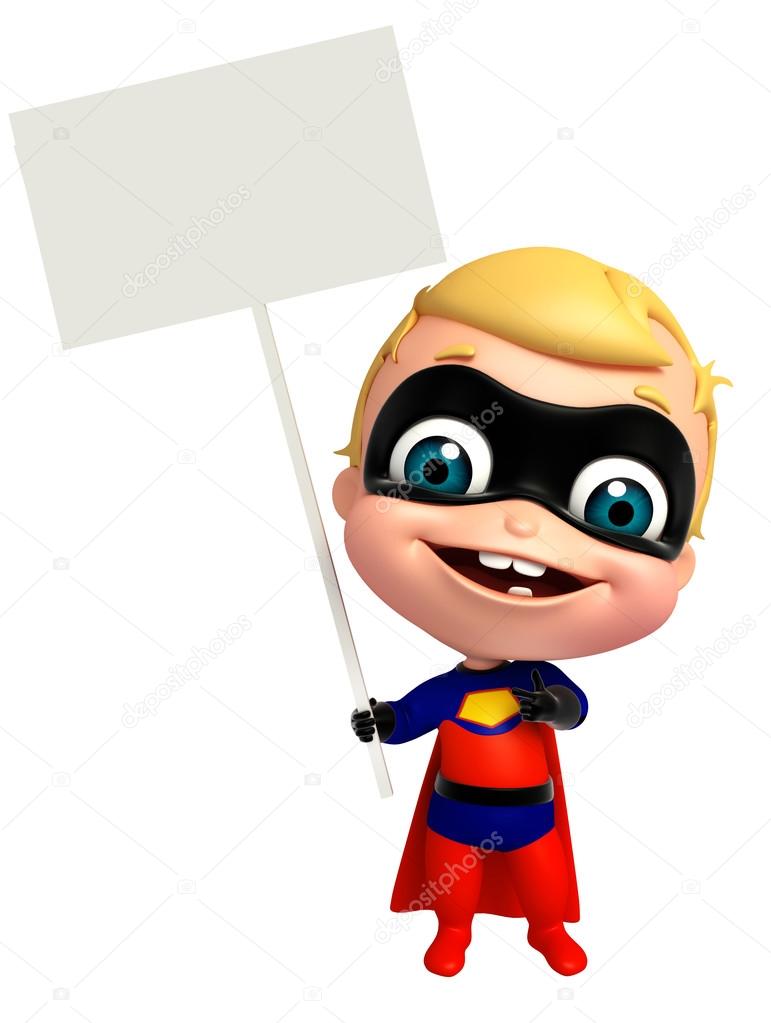 cute baby as a superhero with white board