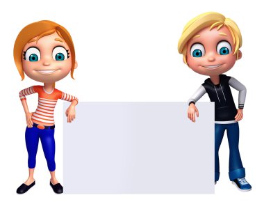3D render, küçük erkek ve kız beyaz tahta ile 