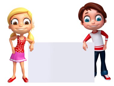 3D render, küçük erkek ve kız beyaz tahta ile 