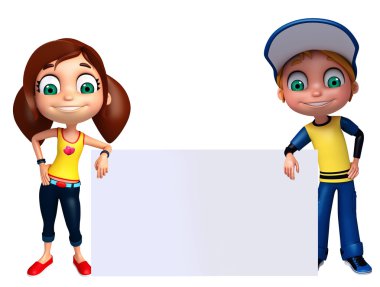 3D render, küçük erkek ve kız beyaz tahta ile 