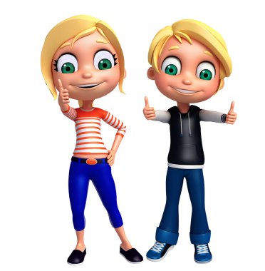 3D render, küçük erkek ve kız poz yukarı thums ile