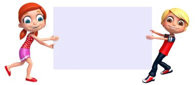 3D render, küçük erkek ve kız beyaz tahta ile 