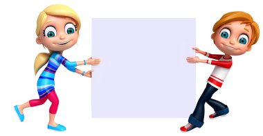3D render, küçük erkek ve kız beyaz tahta ile 