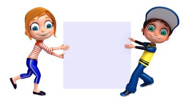 3D render, küçük erkek ve kız beyaz tahta ile 