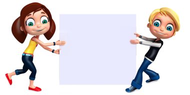 3D render, küçük erkek ve kız beyaz tahta ile 