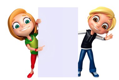 3D render, küçük erkek ve kız beyaz tahta ile 