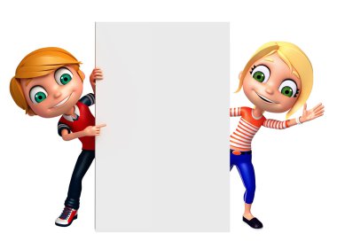 3D render, küçük erkek ve kız beyaz tahta ile 